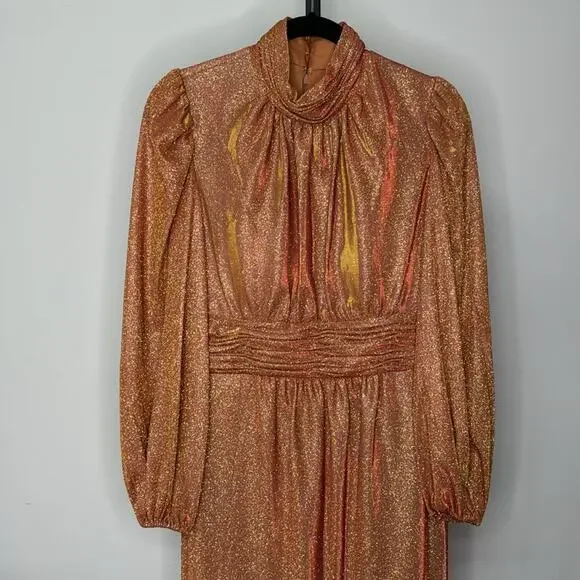 NWT IEENA for MAC DUGGAL 11248 Rust Draped Glitter High Neck Puff Sleeve Gown